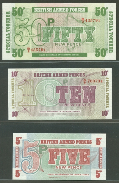 British MPC, 6th Series Trio of 5, 10 & 50 Pence